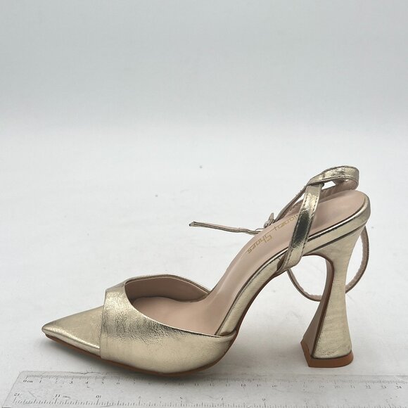 Milooey Gold Peep Toe Sexy Flared Chunky High Heels Buckled Slingback Sandal - Picture 2 of 8